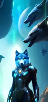 Futuristic wolf warrior in a sci-fi realm with cosmic elements.