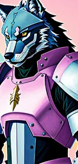 Futuristic wolf warrior in pink and blue armor design.