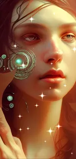 Futuristic digital art of a woman with cybernetic elements in warm tones.