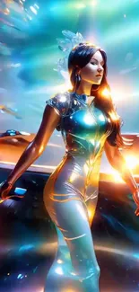 Futuristic woman in neon lights with vibrant colors.