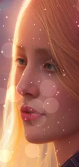 Futuristic blonde woman gazing into space with a cosmic backdrop.