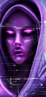 Futuristic woman with purple hue and cybernetic design.