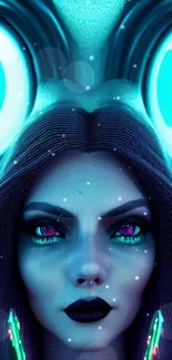 Futuristic woman with neon eyes and cyan background.