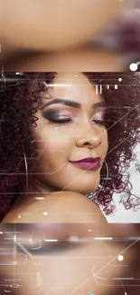 Vibrant wallpaper of woman with curly hair and digital effects