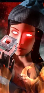 Futuristic woman with glowing eyes holding a cube against a cosmic background.