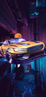 Futuristic yellow car in a neon-lit urban setting.