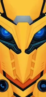 Futuristic robot face with yellow design and blue eyes wallpaper.