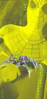 Futuristic yellow figure with mechanical spider and matrix code.