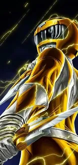 Futuristic warrior in yellow armor with blades and energy background.