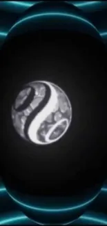 Futuristic Yin Yang sphere with neon light design.