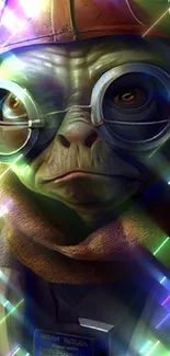 Futuristic Yoda with sci-fi goggles in vibrant colors.