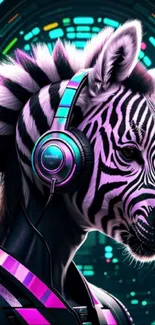 Futuristic zebra with headphones in neon art.