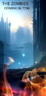 Futuristic cityscape art with a zombie theme, perfect for mobile wallpaper.