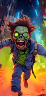 Neon green zombie running through a futuristic city at night