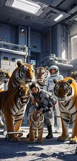 Astronauts with tigers in a futuristic setting.