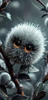 A cute fuzzy creature with big eyes nestled in dark branches.