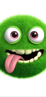 Fuzzy green emoji with big eyes and tongue out on white background.