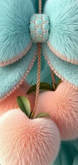 Fuzzy peach heart and bow mobile wallpaper.