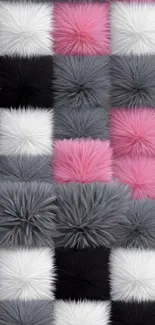 Fuzzy pattern wallpaper with pink, black, gray squares.