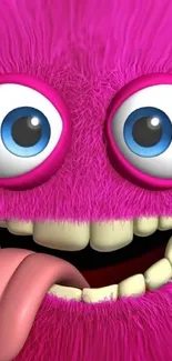 Fuzzy pink monster with big eyes and a playful expression on mobile wallpaper.