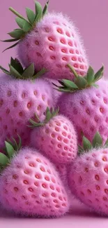Artistic fuzzy pink strawberries with green leaves.