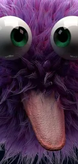 Fuzzy purple creature with big eyes and tongue on a mobile wallpaper.