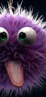 Fuzzy purple monster with big eyes and tongue on dark background.