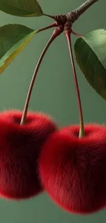 Fuzzy red cherries hanging on a green twig.