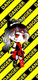 Gacha character with danger stripes background in yellow and black hues.