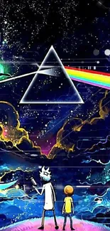 Cosmic adventure wallpaper with triangle prism and rainbow light.