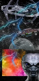 Futuristic alien with lightning in a galactic space scene wallpaper.