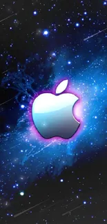 Apple logo with a blue galaxy background for mobile wallpaper.