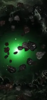 A mystical space vortex with floating dark rocks and a green glow.