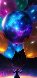 Person with cosmic balloons in night sky.