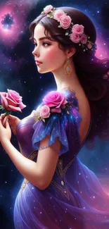 Woman with floral headdress in galaxy wallpaper.