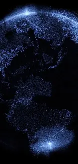 Abstract digital globe with blue particles on a dark background.