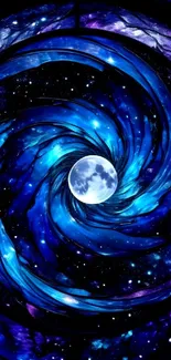 Blue swirl surrounding a bright moon against a starry sky.