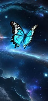 Blue butterfly in a galactic, starry space scene.