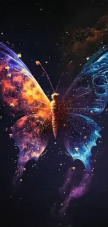 Cosmic butterfly wallpaper with blue and orange hues against a starry background.