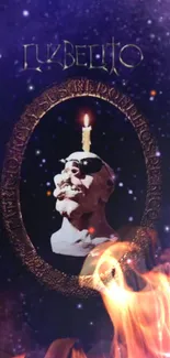 Candlelit bust against a galaxy backdrop with flames in art wallpaper.