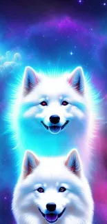 Vibrant galaxy wallpaper featuring two ethereal white dogs against a cosmic backdrop.