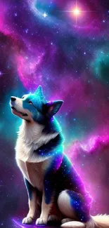 Celestial dog gazing at a starry galaxy in purple hues.