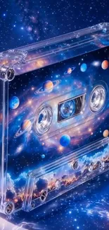 Transparent cassette tape with a cosmic galaxy design.