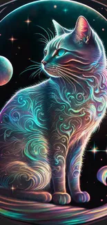 Mystical cat in cosmic swirls with celestial background.