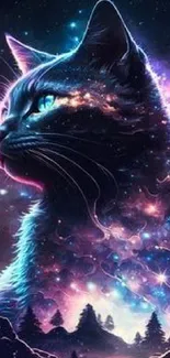 Fantasy cat with galaxy theme and vibrant colors on a mobile wallpaper background.