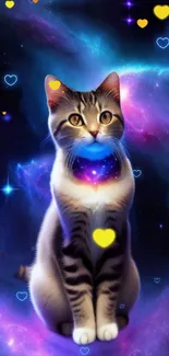 Galaxy-themed cat with hearts and stars in a cosmic setting.