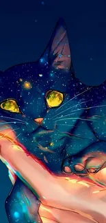 Galaxy-themed cat resting in a hand, cosmic wallpaper design.