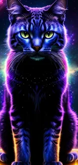 A celestial cat with neon glow against a galaxy backdrop.