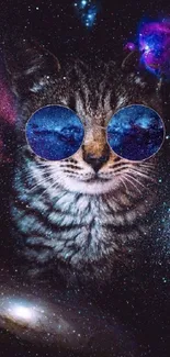 A cool cat wearing sunglasses surrounded by a vibrant galaxy.