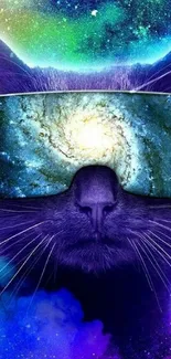 Cat with galaxy sunglasses in a colorful cosmic background.